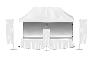 Pop-up gazebo canopy tent with table and event flags vector mockup. Exhibition promotional mock-up set. Blank white template for business branding design - 626630980