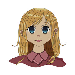 beautiful girl with purple clothes, blue eyes and light brown hair