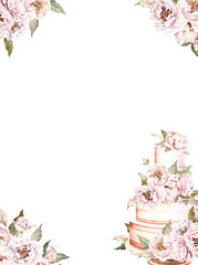 Watercolor frame design template with wedding cake and pink peonies, watercolor illustration on white background. Romantic graphics for invitation, save the date, card decoration.