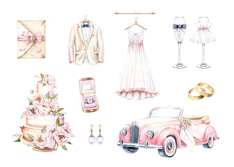 Watercolor wedding clipart set. Car, cake, dress, rings. Hand drawn illustrations isolated on white background. Romantic graphics for invitation, save the date. Wedding card decoration.