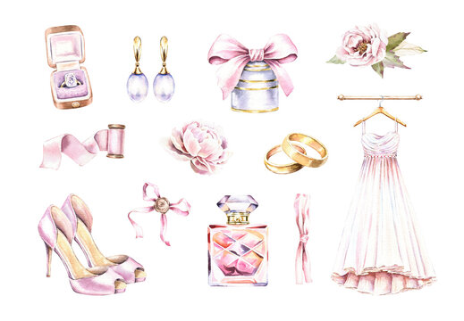 Watercolor wedding clipart set. Bride shoes, dress, rings, perfume, peony. Hand drawn illustrations isolated on white background. Romantic graphics for invitation, save the date, wedding card