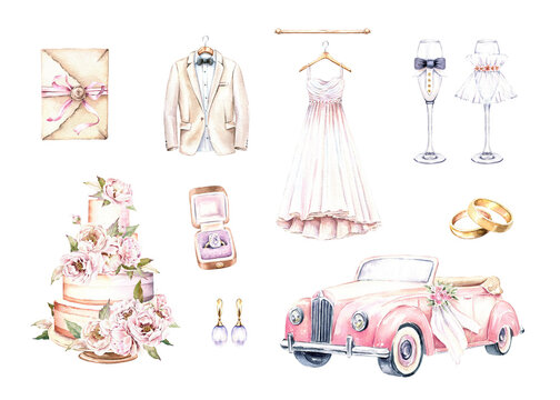 Watercolor wedding clipart set. Car, cake, dress, rings. Hand drawn illustrations isolated on white background. Romantic graphics for invitation, save the date. Wedding card decoration.