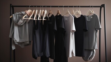 A collection of athletic wear and workout clothes on a clothing rack. created with Generative AI technology