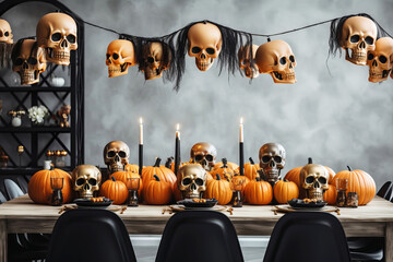 Festive table setting with pumpkins and skulls for halloween celebration. Generative AI illustration