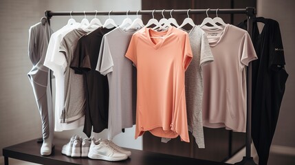 A collection of athletic wear and workout clothes on a clothing rack.