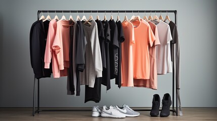 A collection of athletic wear and workout clothes on a clothing rack. created with Generative AI technology