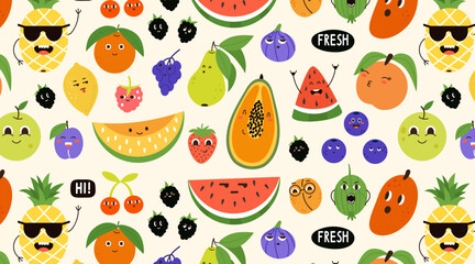 Fototapeta premium Seampless pattern fruit and berries characters emotion face in Cartoon style. Hand drawn Summer funny cute child food repeating print. Walpaper Vector illustration
