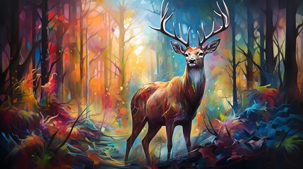 colorful oil painting of a deer walking in a magic forest , Conceptual abstract picture