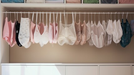 A photo row of neatly organized underwear and lingerie in various styles. created with Generative AI technology