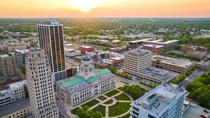 Sunset over downtown Fort Wayne courthouse with PNC Center and Lincoln Bank Tower buildings