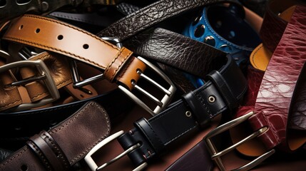 A photo variety of belts in different styles and materials. created with Generative AI technology