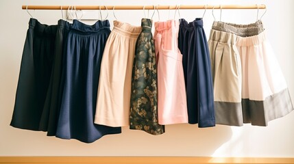 A row of neatly arranged skirts and shorts in various lengths. created with Generative AI technology
