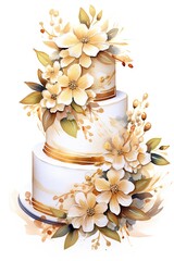 A wedding cake with white yellow flowers on top of it.