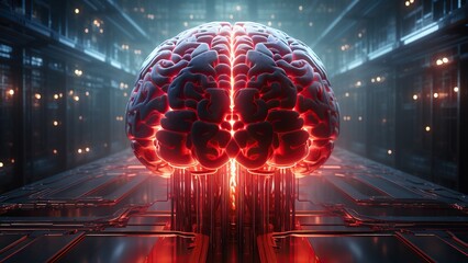 Evil red AI brain in data center. Danger of strong artificial intelligence, threat to humanity, future risk of bad scenario, creating dangerous ASI, scary superintelligence - obrazy, fototapety, plakaty