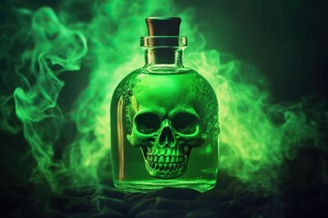 Bottle of poison with skull, green smoke on background