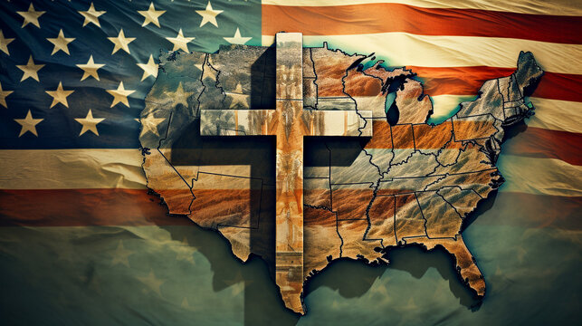 Map of USA and cross blended with american flag - Powered by Adobe
