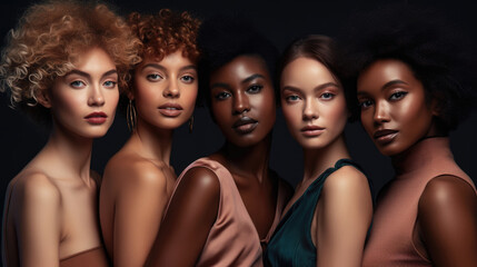 Obraz premium Inclusive Beauty: Diverse Women Embracing Beauty Glamour and Neutral Fashion Campaign Retouched Powerful Generative AI