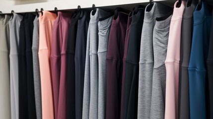 A row of neatly organized leggings and yoga pants. created with Generative AI technology