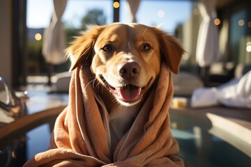 Happy dog enjoying luxury spa bath in tropical resort, funny pet grooming, relaxation in bathtub,...