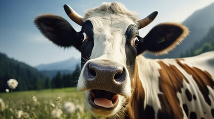 Funny surprised cow with goofy face in sunny meadow - obrazy, fototapety, plakaty
