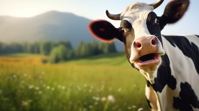 Funny surprised cow with goofy face in sunny meadow, green farmland background, copy space
