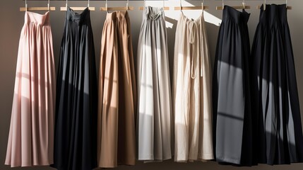 A row of neatly organized skirts and dresses in different lengths. created with Generative AI technology