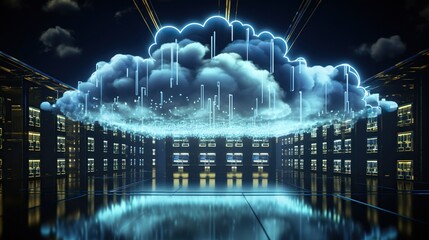 Obraz premium Cloud technology concept, digital data storage, secure internet networking in futuristic cyberspace