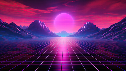 Synthwave landscape with neon grid, futuristic mountains, and sunset, vintage retro cyberpunk scene illustration