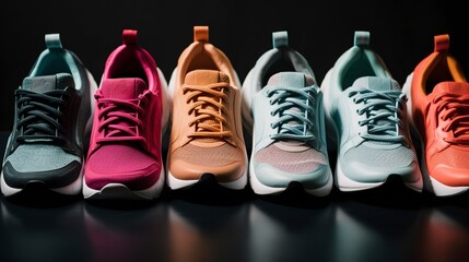 A row of trendy sneakers and athletic shoes in different colors. created with Generative AI technology - obrazy, fototapety, plakaty