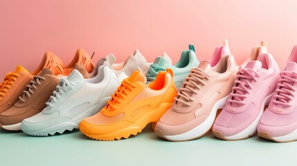 A row of trendy sneakers and athletic shoes in different colors. created with Generative AI technology