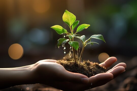 Hands holding young tree sprout or plant, concept of growth and sustainable development, earth conservation and agriculture