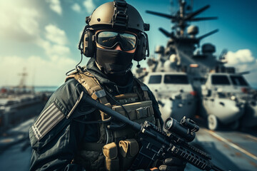 Fototapeta premium US Army Marine in full uniform and tactical equipment on the deck of a warship, an aircraft carrier. Military helicopter in the background. AI generated.