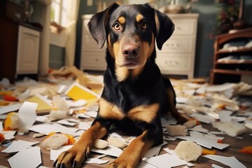 Naughty dog made a mess at home, tore up papers and documents messy floor, crazy dog behavior while alone in the room