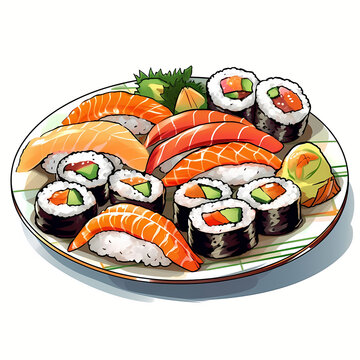 A plate of sushi isolated on white background. Generative AI