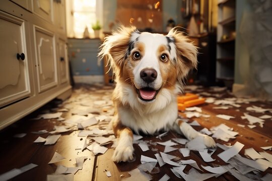 Naughty dog made a mess at home, tore up papers and documents messy floor, crazy dog behavior while alone in the room