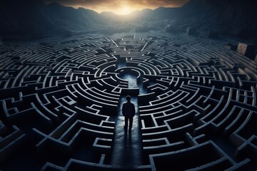Man in surreal maze, facing labyrinth challenge, complex problem decision, strategy for success, concept of life obstacles and solutions