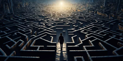 Foto op Canvas Man in surreal maze, facing labyrinth challenge, complex problem decision, strategy for success, concept of life obstacles and solutions © iridescentstreet