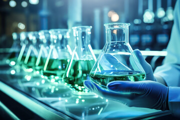 Scientist in laboratory analyzing blue substance in beaker, conducting medical research for...