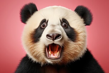 Fototapeta premium Shocked panda with big eyes isolated on pink background, funny animal expression, cute and surprised face