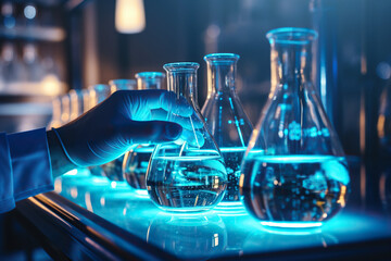 Scientist in laboratory analyzing blue substance in beaker, conducting medical research for...
