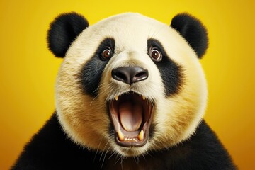 Shocked panda with big eyes isolated on yellow background, funny animal expression, cute and surprised face