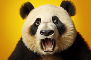 Shocked panda with big eyes isolated on yellow background, funny animal expression, cute and...