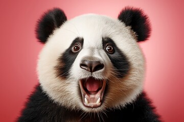 Shocked panda with big eyes isolated on pink background, funny animal expression, cute and surprised face - obrazy, fototapety, plakaty