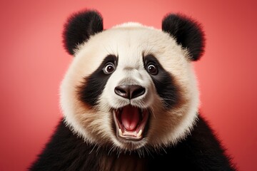 Shocked panda with big eyes isolated on red background, funny animal expression, cute and surprised...