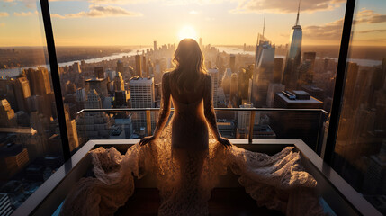Successful woman standing on luxury balcony, back view of rich female silhouette at sunset in New...