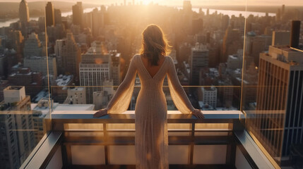 Plakat Successful woman standing on luxury balcony, back view of rich female silhouette at sunset in New York city