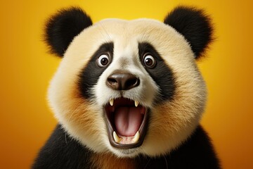 Shocked panda with big eyes isolated on yellow background, funny animal expression, cute and...