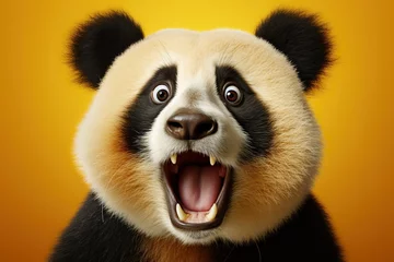 Tuinposter Shocked panda with big eyes isolated on yellow background, funny animal expression, cute and surprised face © iridescentstreet