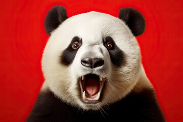 Shocked panda with big eyes isolated on red background, funny animal expression, cute and surprised...