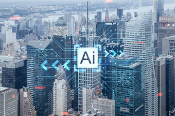 Fototapeta na wymiar Aerial panoramic city view of Time Square area, Manhattan West Side and the Hudson River, New York city, USA. Artificial Intelligence concept, hologram. AI, machine learning, neural network, robotics